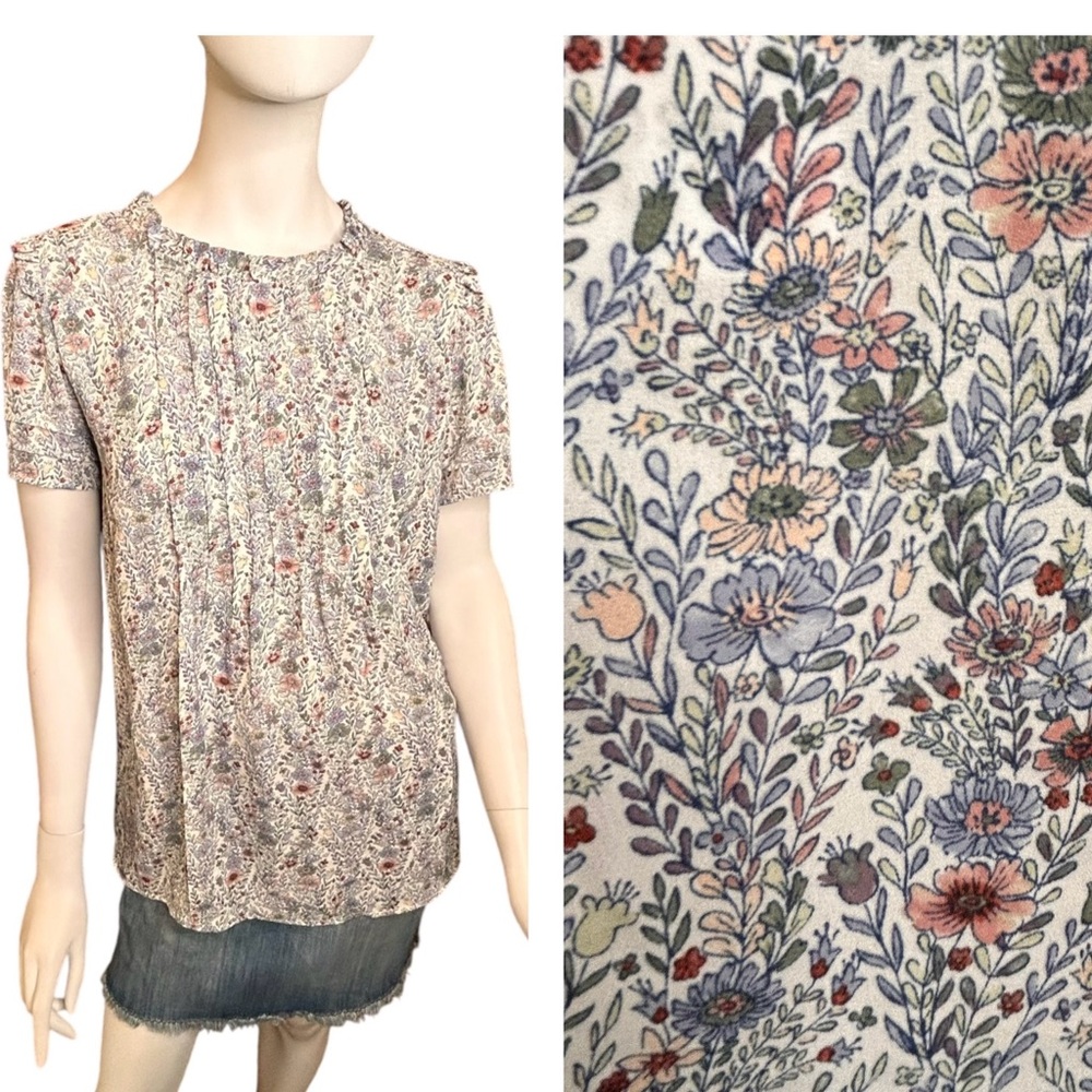 NWT Rose + Olive Size 1X Blue Floral Short Sleeve Blouse Ruffle Flowy - Picture 16 of 16